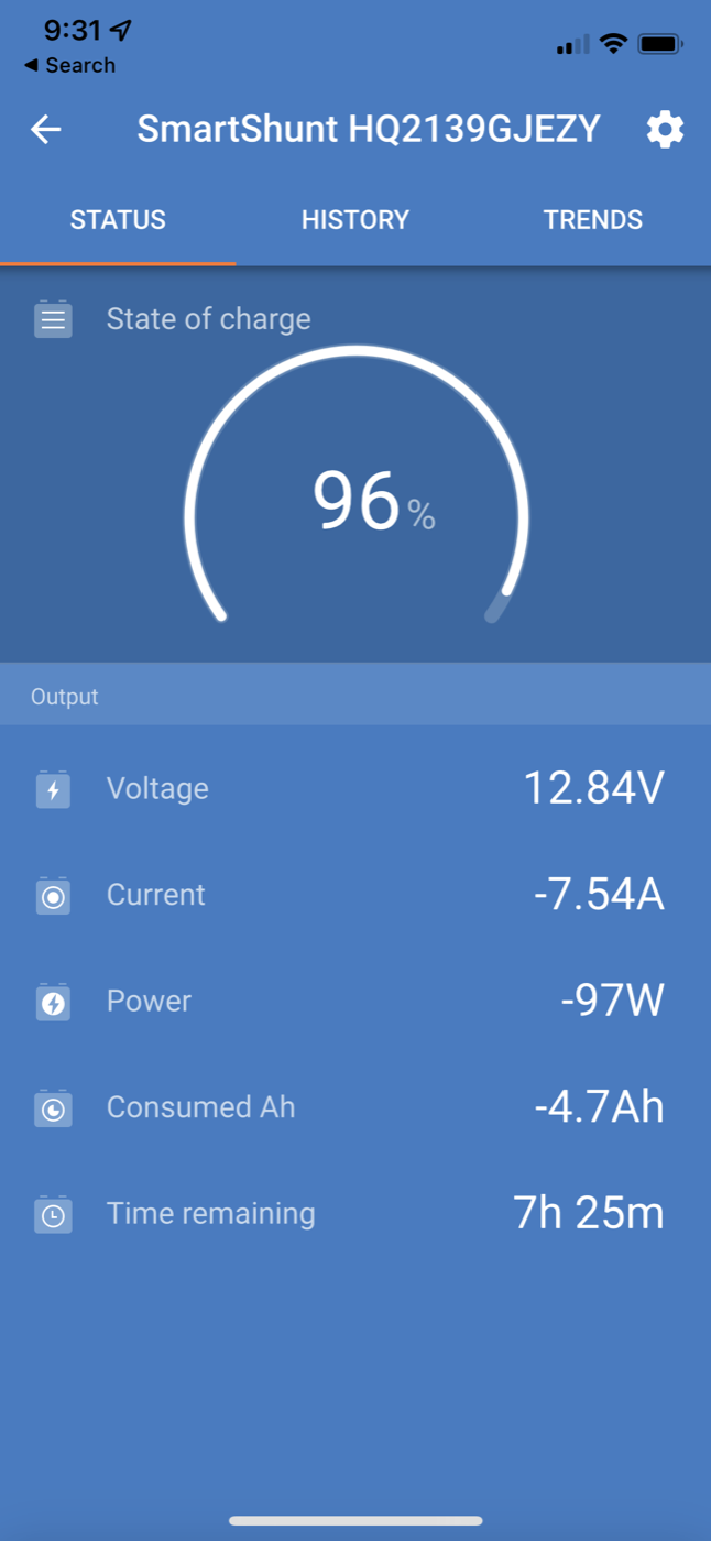 SmartShunt app showing the battery powering the RV